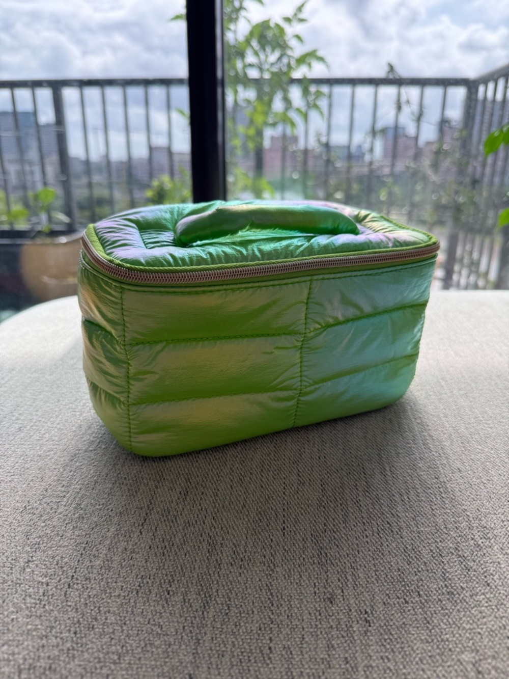NEW Iridescent Garnier Lime Green Quilted Puffer Cosmetic Case